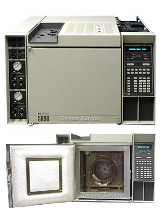 Figure 2 above: (top) HP/Agilent 5890 GC closed and (bottom) an open of the same instrument with a single WCOT (capillary) column installed
